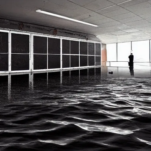 Prompt: photo of a classroom, the floor is flooded with one meter deep water. in the background there is a scary dark mysterious monster!!!!!!!!!!! eerie