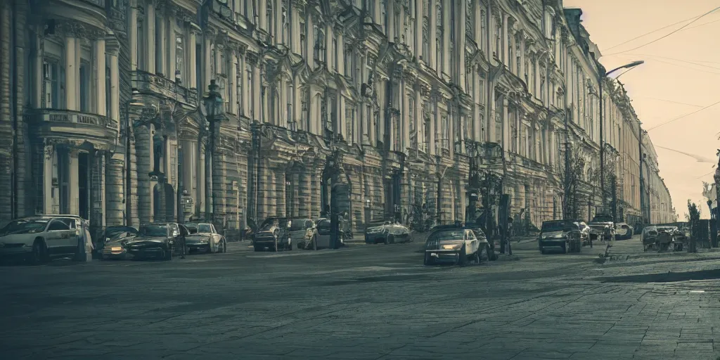 Image similar to cinematic street shot of a antigravity saint petersburg city in the moon, orbit city, telephoto, anamorphic cinematography, beautiful composition, color theory, leading lines, photorealistic, moody volumetric lighting