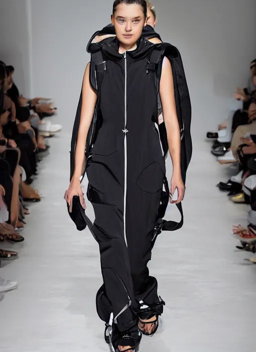 Image similar to a portrait of a model detailed features wearing a cargo wedding dress - sporty, sleek, tech utility - chic trend. lots of zippers, pockets, synthetic materials, jumpsuits chic'techno fashion trend by issey miyake and balenciaga