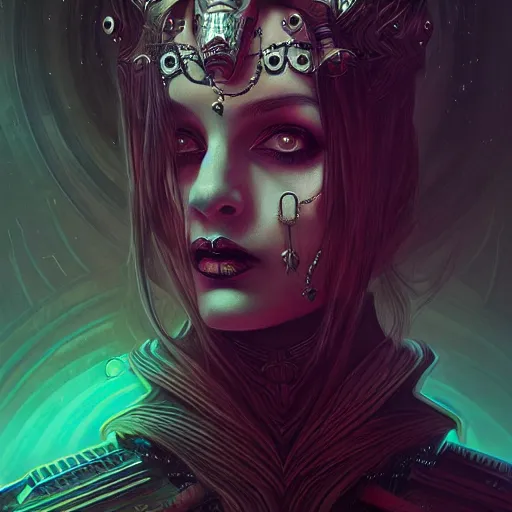 Prompt: queen of death. intricate portrait, occult cyberpunk, ancient futuristic, dark art, trending on artstation, occult. by Petros Afshar