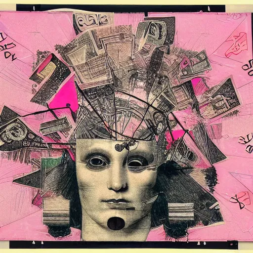 Image similar to post - punk new age album cover, asymmetrical design, frame of a dollar bank notes, abstract collage, capitalism, magic, apocalypse, psychedelic, black white pink, magic, giger h. r., giuseppe arcimboldo