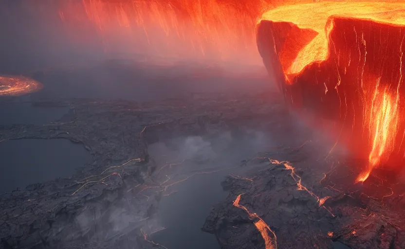 Image similar to an aerial shot of a giant rift in the earth, with magma, light and steam coming from below, many bridges and tubes crossing the gap, giant flying crafts in and out of the rift, power generators, many lights, immense scale, octane render