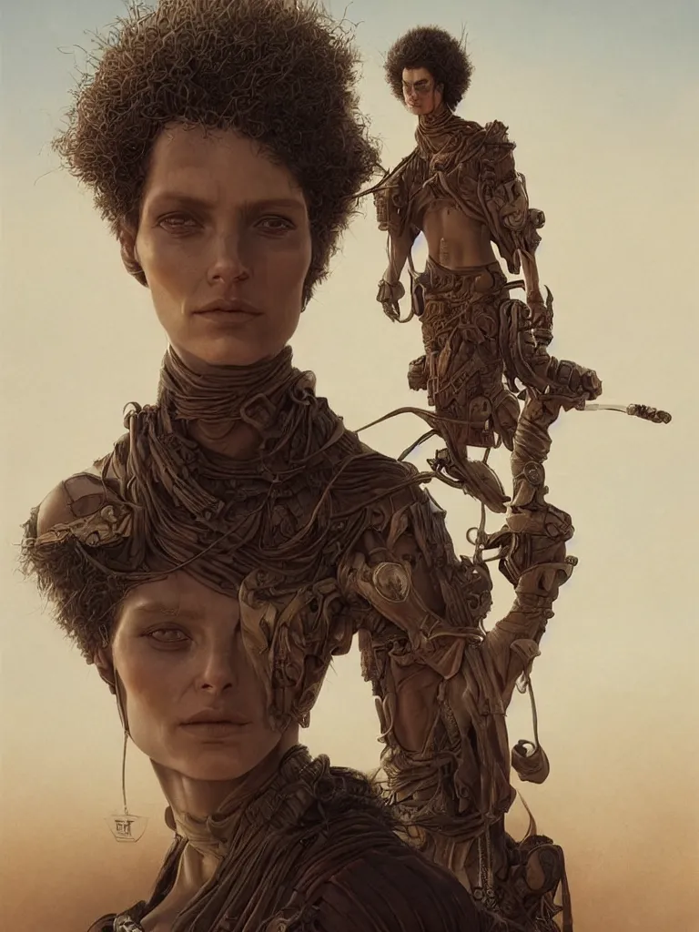 Image similar to a stunning hyperrealistic character from the movie Dune walking through an arid minimalistic desert with harsh noon sunlight with an oasis in the background, award-winning, masterpiece, in the style of Tom Bagshaw, Cedric Peyravernay, Peter Mohrbacher