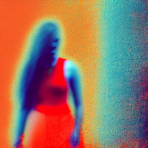 Image similar to Still shot of a woman walking, photography, glitch filter, 4k,