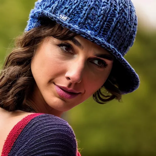 Image similar to high resolution photo of gal gadot in a knitted cap while riding on the back of a huge cat, 4 k, award winning photography.