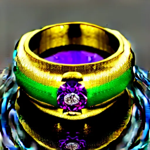 Image similar to mystical gold and diamond ring with fine purple and green details, ultra detailed, centered, octane render, elegant, caustics