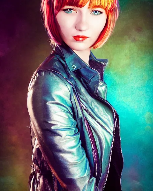 Image similar to Beautiful young woman with glowing teal hair, bob haircut, bangs, Spiked blue leather jacket, cyberpunk city background, in the style of Anna Dittman, fashion photography