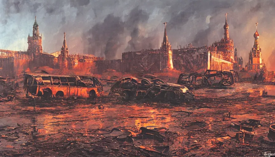 Prompt: A detailed render of a post apocalyptic scene of Kremlin in Moscow ruined and devastated by fires, burned down rusty Moscow buses in flood water, sci-fi concept art, by Syd Mead, highly detailed, oil on canvas