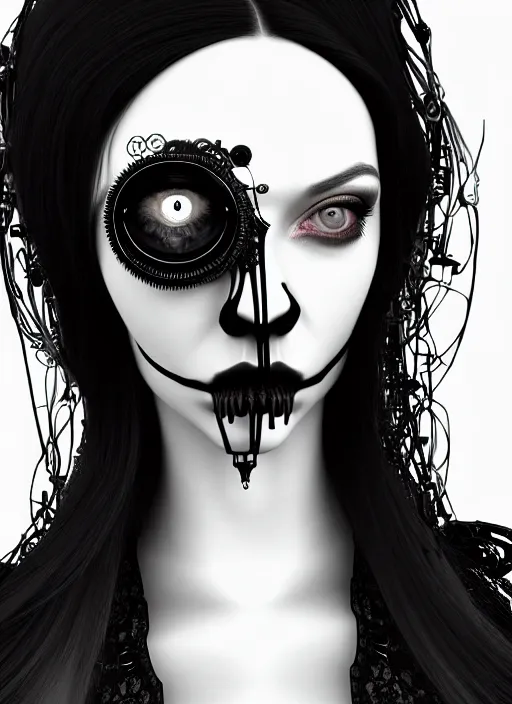 Image similar to black and white gothic masterpiece profile face portrait, one steampunk eye biomechanical beautiful young female cyborg - vampire, body meshes, big monocular, volumetric light, hibiscus flowers, by hg giger, rim light, big gothic fashion pearl embroidered collar, 8 k