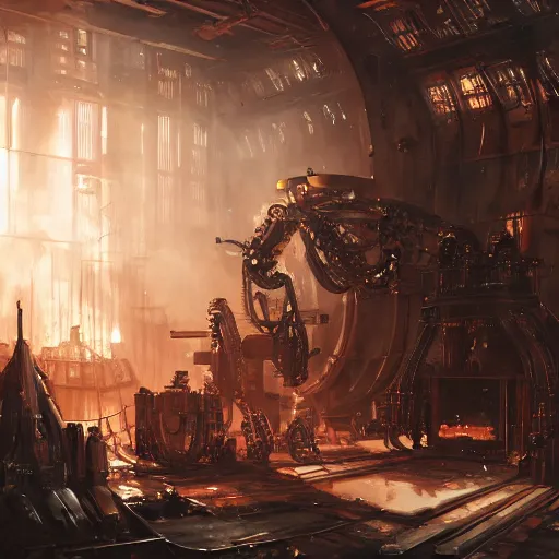 Image similar to adeptus mechanicus techpriest at a forge, by cedric peyravernay and feng zhu, highly detailed, excellent composition, cinematic concept art, dramatic lighting, trending on artstation