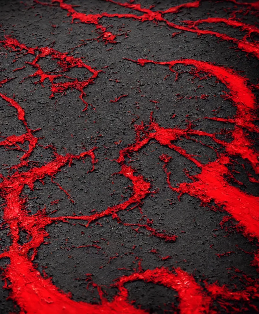 Image similar to hyper realistic super macro blood on tar, art by greg rutkowski, intricate, ultra detailed, photorealistic, black and red colors, trending on artstation, octane render, 4 k, 8 k