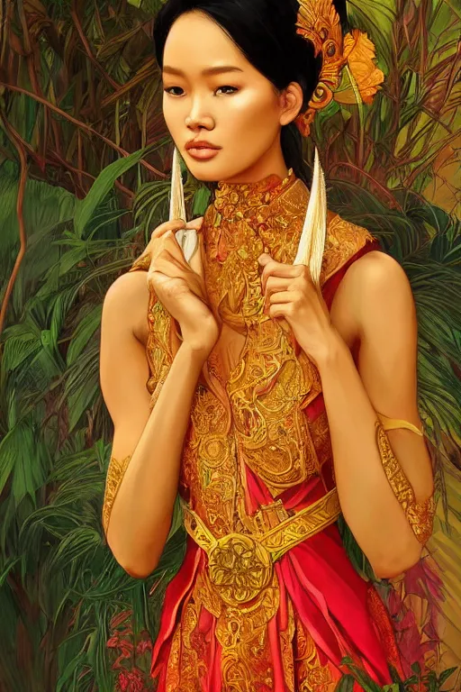 Image similar to portrait of an indonesian supermodels wearing traditional costume, highly detailed, digital painting, artstation, concept art, sharp focus, illustration, art by kittichai rueangchaichan and james gurney and alphonse mucha