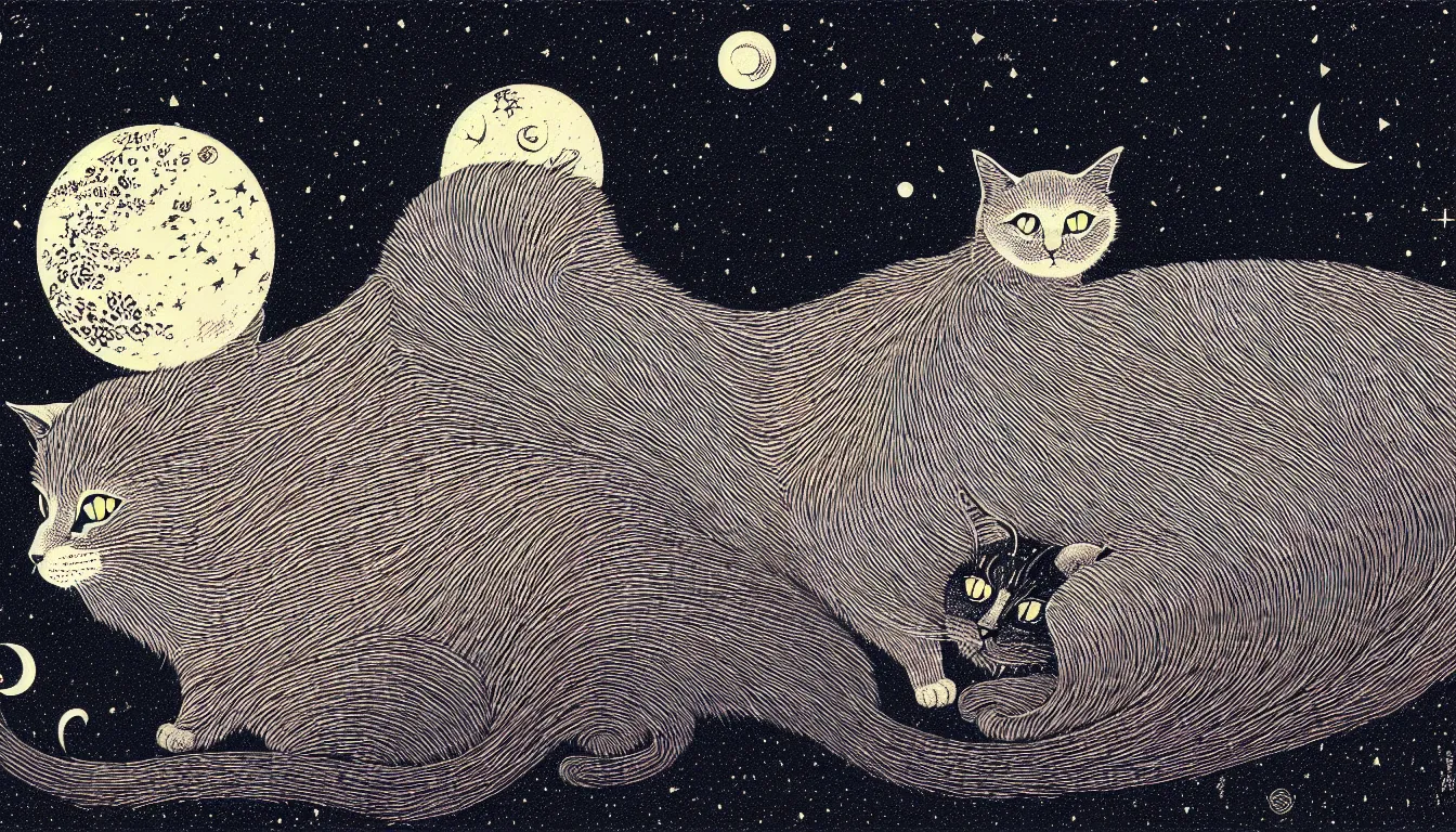 Image similar to a cat looking at the night sky by woodblock print, nicolas delort, moebius, victo ngai, josan gonzalez, kilian eng