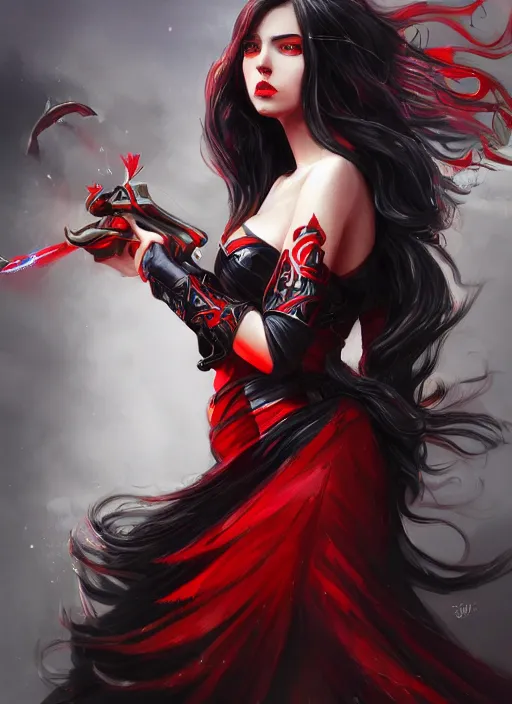 Image similar to a highly detailed illustration of elegant long black haired woman wearing red and black battle dress, heroically posing, with rainbow magic surrounding her, intricate, elegant, highly detailed, centered, digital painting, artstation, concept art, smooth, sharp focus, league of legends concept art, WLOP