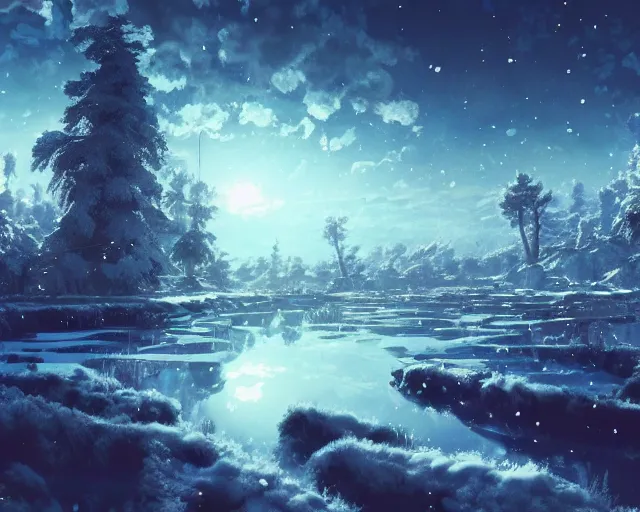 Prompt: scenery artwork, scene beautiful, light!! light essential cozy winter snow world snow and expansive dream scenery pixiv scenery art beautiful, surrealism oil on canvas, artstation!! pixiv!! dream scenery, quality astral projection render, nier automata concept art, vaporwave textures