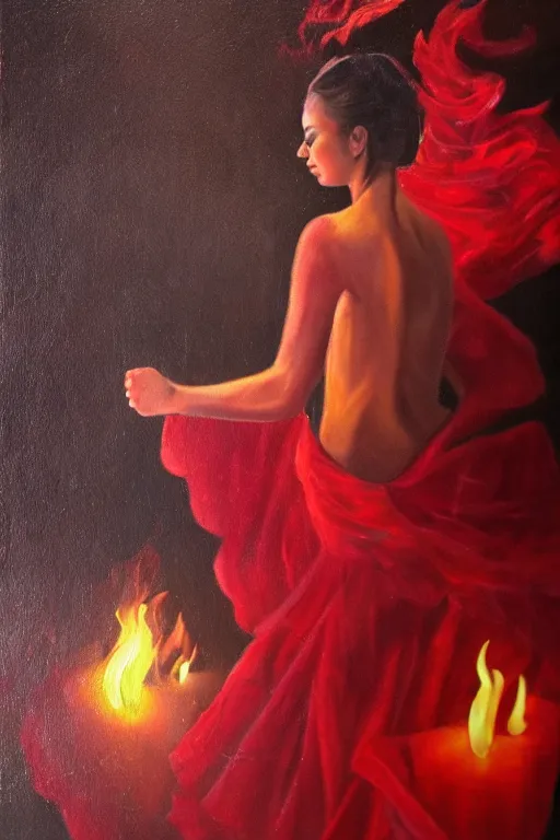 Image similar to detailed oil painting of spanish flamenco dancer walking into water wearing a red dress that's engulfed in flames, dimly lit by candles on the ground, looking away, dark shadows, ethereal, slr, 4 k, high definition