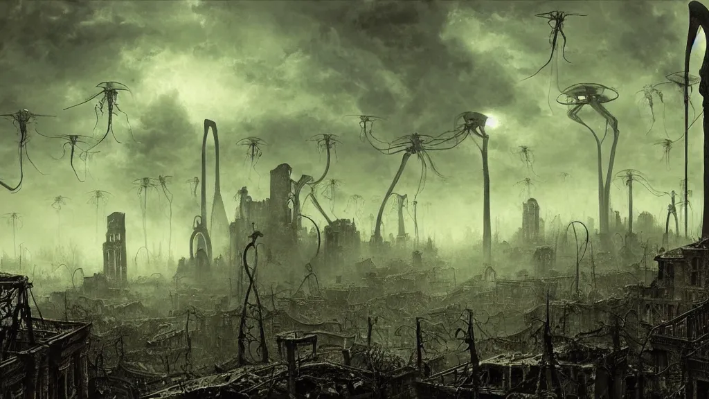 Prompt: war of the worlds, alien tripods over the ruins of 1 9 th century london by zdzislaw beksinski and bogdan rezunenko, intricate, detailed, volumetric lighting, sharp focus, scenery, photorealism, digital painting, highly detailed, concept art.