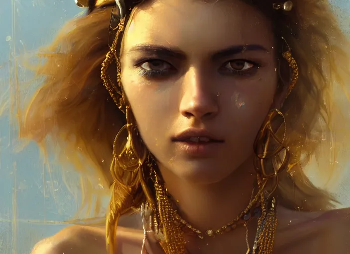 Prompt: close up picture of a pirate girl, hard breathing, messy hair, reaching a hands to the camera, jewels and gold on the background, coveted, beautiful and aesthetic and attractive and detailed face, specular reflection, occlusion shadow, intricate, bokeh, masterpiece, by ilya kuvshinov and jeremy lipking and quentin mabille