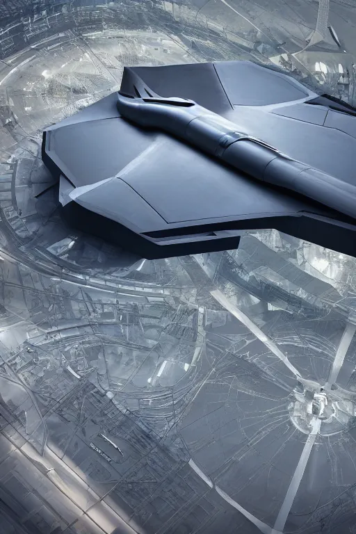 Prompt: professional landscape photograph of a large beautiful neo - futuristic matte symmetrical stealth bomber docked at spaceport by joseph cross, denis villeneuve, emmanuel shiu, zaha hadid, vapor, stunning cinematic architectural scale, dramatic, volumetric, concept art, hard surface, hyperrealism, very high detail, trending on artstation, sharp focus, rendered in octane