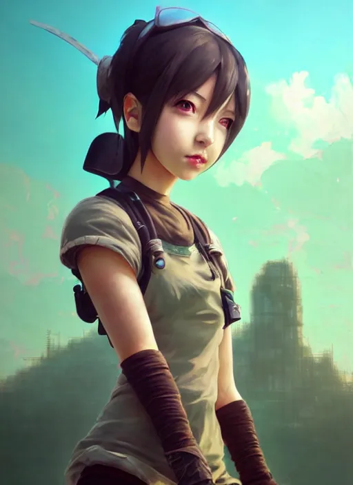 Prompt: beautiful portrait of yuffie from final fantasy dahyun from twice the painterly style of wlop, artgerm, yasutomo oka, yuumei, rendered in octane render, surrounded by epic detailed ruins landscape by simon stalenhag, dynamic soft dramatic lighting, imagine fx, artstation, cgsociety, by bandai namco artist,
