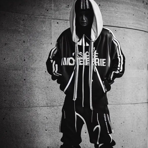 Image similar to fashion photography of an extraterrestrial model, wearing futuristic hip - hop streetwear fashion, inside berghain, berlin fashion, futuristic fashion, photo 3 5 mm leica, hyperdetail, hoodie, 8 k, very detailed, black and white