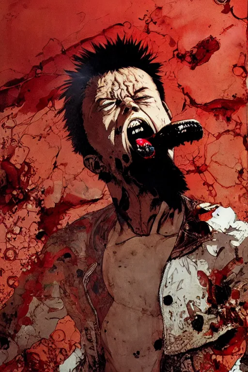 Prompt: full page illustration of tetsuo open mouth, showing a pill on his tongue, by Katsuhiro Otomo, Phil hale, 8k, hd, high resolution print