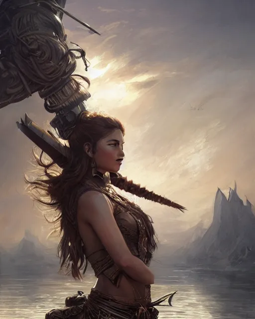 Prompt: A beautiful female warrior posing on a boat, beautiful face, highly detailed face, close-up, fantasy woman, fantasy art, in the style of greg rutkowski, illustration, epic, fantasy, intricate, hyper detailed, artstation, concept art, smooth, sharp focus, ray tracing