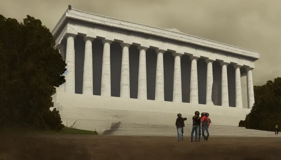 Image similar to father and son visiting destroyed lincoln memorial, cloudy day, hyperdetailed, artstation, cgsociety, 8 k