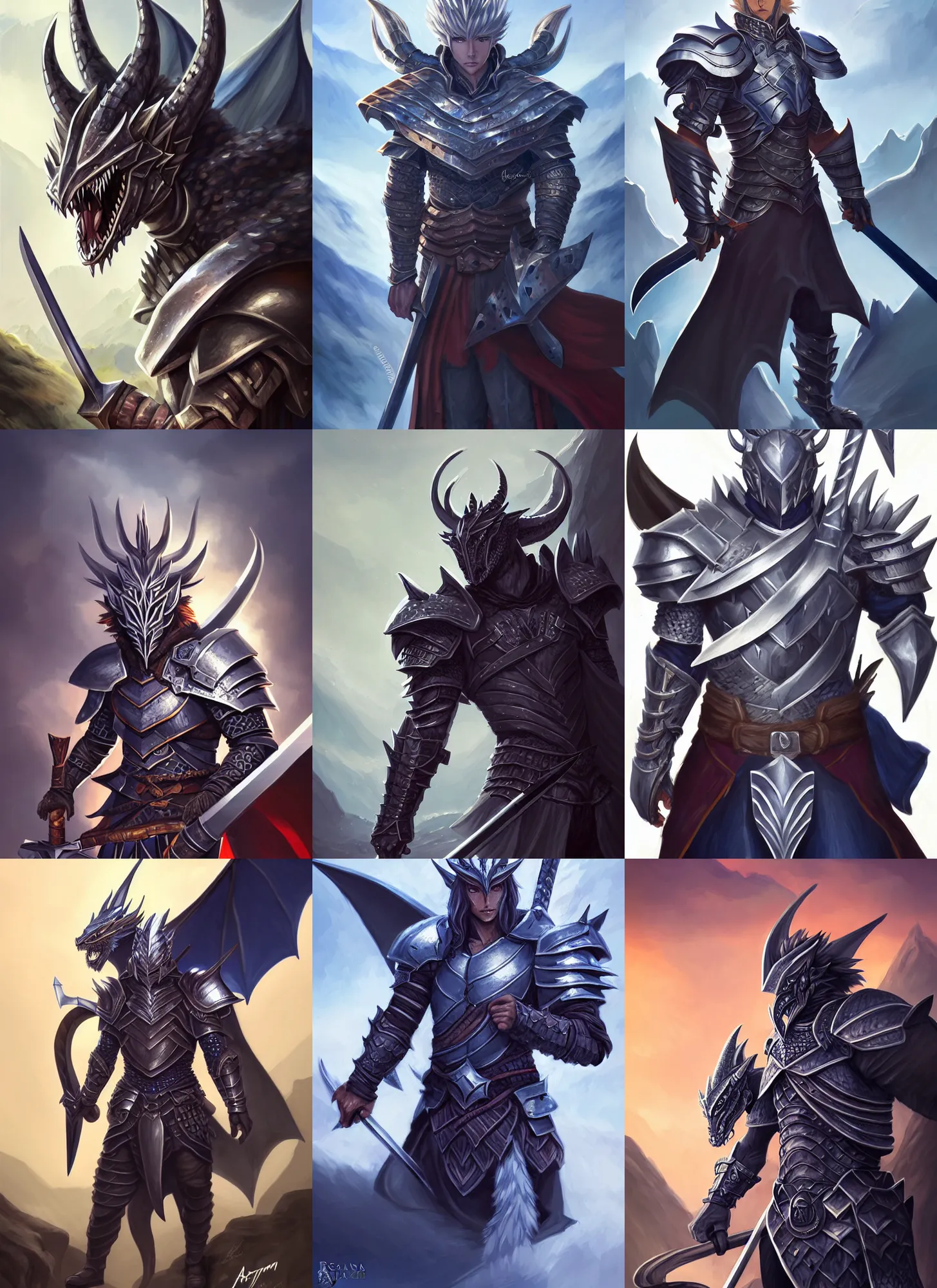 Prompt: full body portrait of a dragonslayer in the mountains, male, shiny blades, plate navy blue armor, dragon motif, high fantasy, dnd, face details, extremely detailed, smooth, sharp focus, digital illustration, by artgem, rossdraws, sakimichan