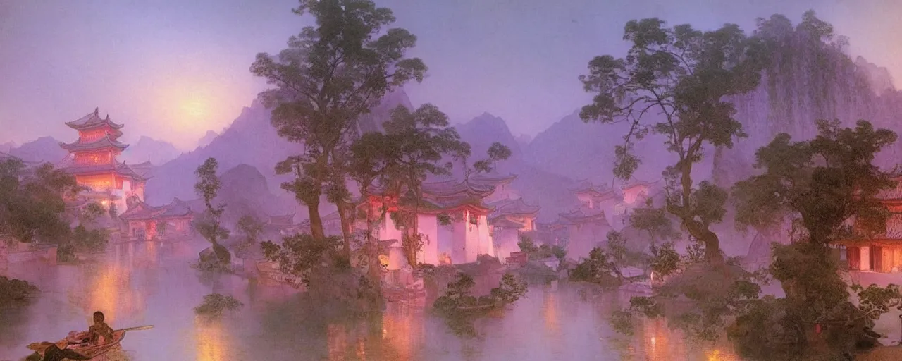 Image similar to a beautiful painting of an ancient chinese town nearby a small river in the evening by alfons maria mucha and ivan aivazovsky, ultra detailed, volumetric lighting, pink vibe