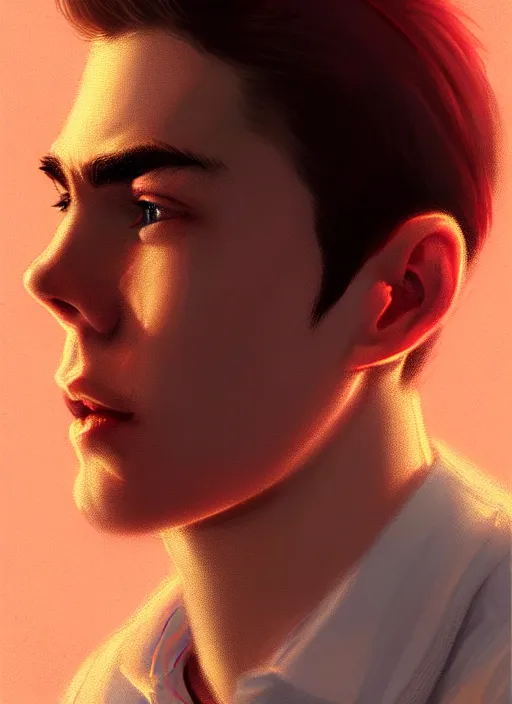 Prompt: portrait of teenage archie andrews, freckles, intricate, elegant, glowing lights, highly detailed, digital painting, artstation, concept art, smooth, sharp focus, illustration, art by wlop, mars ravelo and greg rutkowski