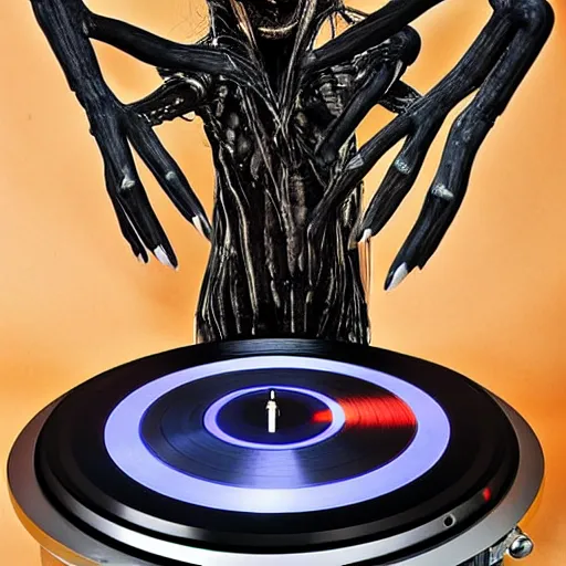 Image similar to a dj turntable in the style of HR giger. photo realistic. SL-1200