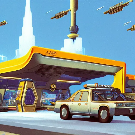 Image similar to intricately detailed ralph mcquarrie concept art of a futuristic mcdonalds with the golden arches displayed. a space station is seen off in the distance with various droids and people walking in the foreground. a trooper is seen holding a brown mcdonalds bag.