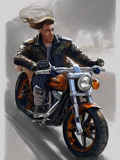 Image similar to handsome man. prancing a harley davidson. intricate, elegant, highly detailed, digital painting, artstation, concept art, sharp focus, illustration, by justin gerard and artgerm, 8 k