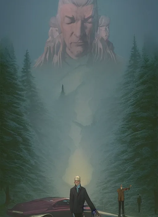 Prompt: Twin Peaks poster artwork by Michael Whelan and Tomer Hanuka, Rendering of the Lynch King, full of details, by Makoto Shinkai and thomas kinkade, Matte painting, trending on artstation and unreal engine
