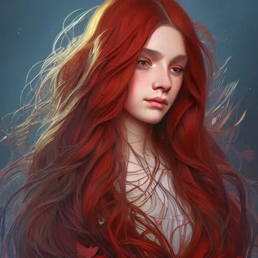 Image similar to girl with super long hair, hair becoming autumn red leaves, intricate, highly detailed, digital painting, artstation, concept art, smooth, sharp focus, illustration, unreal engine 5, 8 k, art by artgerm and greg rutkowski and alphonse mucha