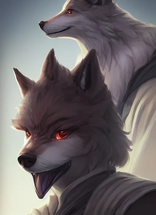 Image similar to close up character portrait icon of the anthro anthropomorphic of the male anthropomorphic wolf fursona wearing jedi robes. leather gloves. character design by charlie bowater, ross tran, artgerm, and makoto shinkai, detailed, soft lighting, rendered in octane