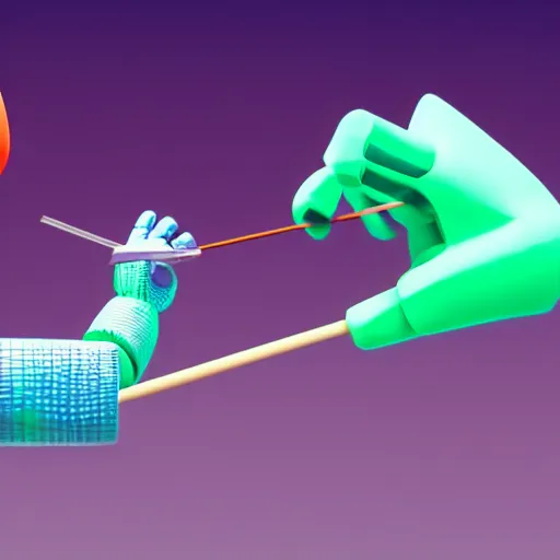 Prompt: a photorealistic 3 d render made in blender of a colourful friendly robot being poked in the eye by a man with a stick. background is a purple gradient