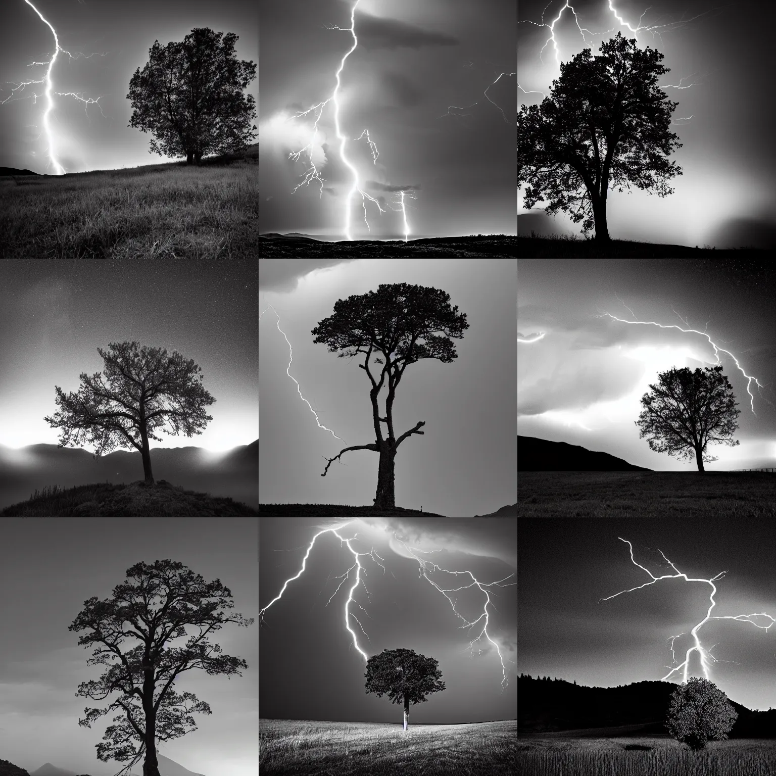 Prompt: Lightning striking a lone tree, by the edge of a mountain, in pitch black night, black and white award winning photography