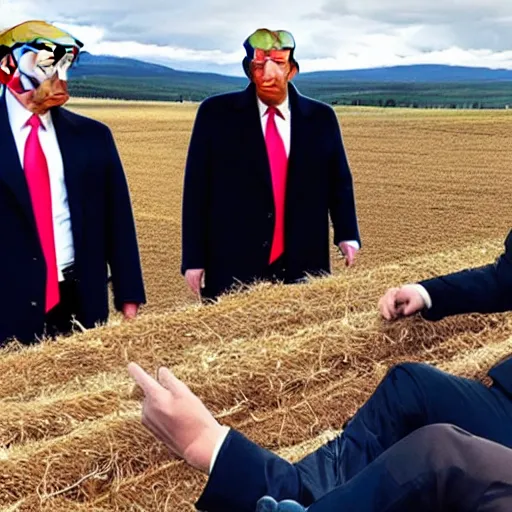 Image similar to “Xi Jinping, Donald Trump and Vladimir Putin wearing cowboy costumes while working on a farm in Montana, under Joe Biden’s command”