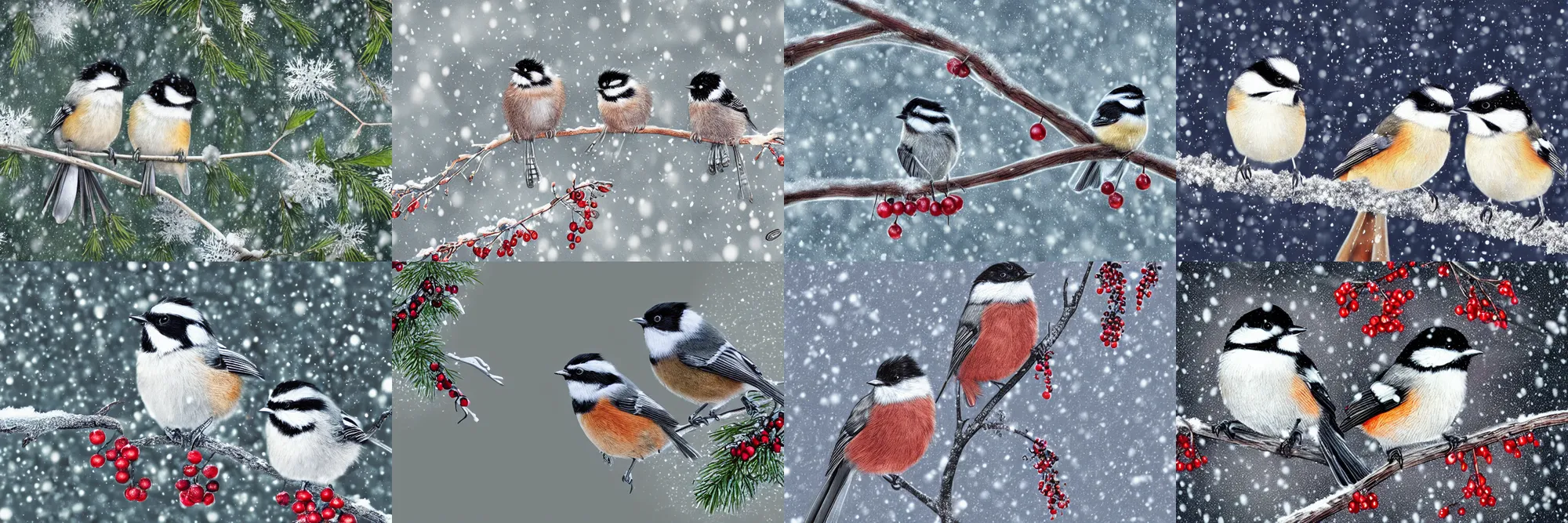 Prompt: a pair of chickadees sitting on the branch of a mountain ash tree, with red berries and icicles, in the winter, snowing, gray sky with wispy clouds, highly detailed digital art