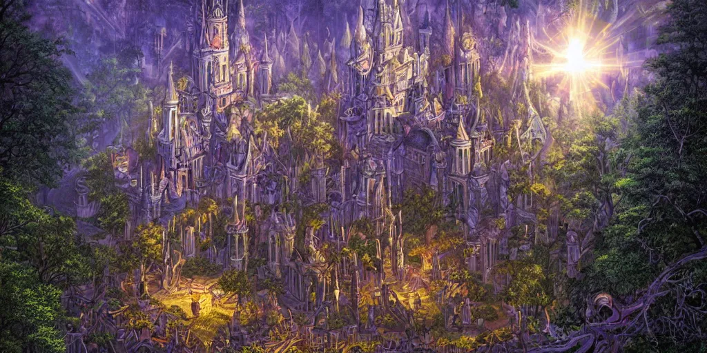 Image similar to detailed veduta of a monumental castle in a magical forest town with tall trees and statues of ancient goddesses, heroes of might and magic 3, whimsical, fairy tale, hyper realistic, volumetric lighting, sunshafts, dan mumford