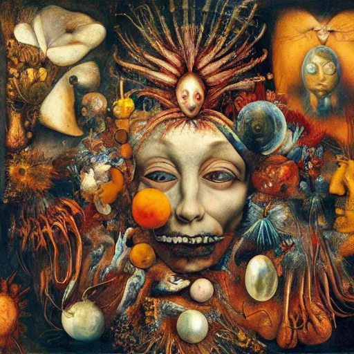 Prompt: an oil painting by arcimboldo, by georgia o keeffe, by botticelli, by giger, by frank frazetta, by gustave moreau, by seurat, seen through a kaleidoscope, vanity, broken, nerve system, medical, jewels, nebula, space, tonalism, merged
