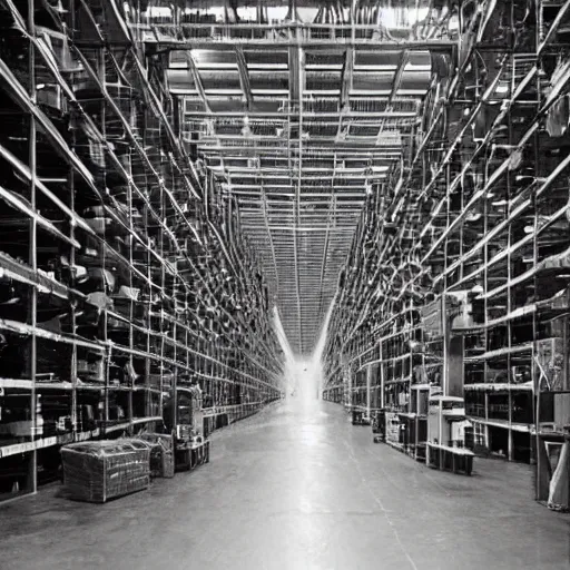 Prompt: scientists inventing future technology in a warehouse in 1 9 7 0, black and white, hyper realistic, 4 k, highly ornate intricate details, sharp image, incredible detail,