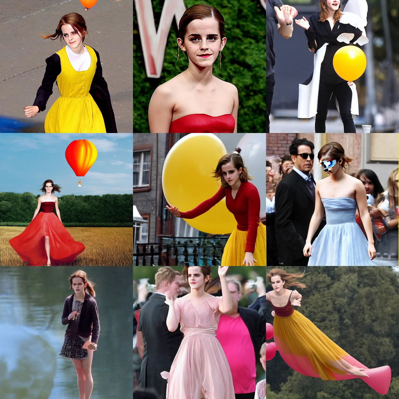 Prompt: emma watson floats away in a balloon, bye bye emma