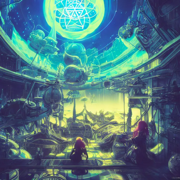 Image similar to Albedo from overlord, mamimi samejima, psychedelic background, epcot, inside a space station, eye of providence, female anime character, Lain, uwu, uwu, Luminism, Tomas Sanchez, Karla Knight, surrealism, Simon Stålenhag, M. C. Escher, Ruan Jia, uwu Hi-Fructose, Artstation, HD, HDR, High Resolution, technological rings, giygas