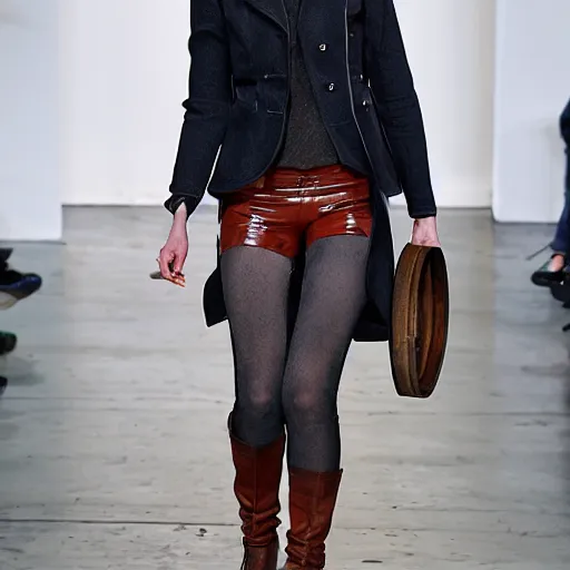 Image similar to runway model wearing a wooden barrel with straps, new york fashion week
