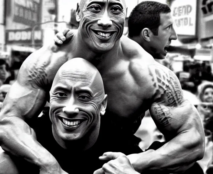 Prompt: Dwayne the Rock Johnson riding on the back of Adam Sandler, doing Methamphetamine at Times Square, photograph by Alfred Eisenstaedt, 4K, dramatic lighting; 4K 8K