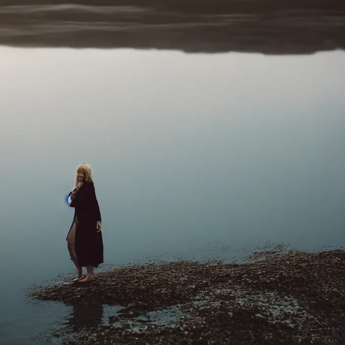 Image similar to a woman, standing in shallow endless water, foggy, backlit, wearing amazing clothes, backlit, photo by Marat Safin, Canon EOS R3, f/1.4, ISO 200, 1/160s, 8K, RAW, unedited, symmetrical balance, in-frame