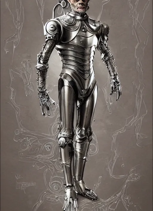 Image similar to powerful male tin man, willem dafoe as tinman, full body character concept, covered in full metal plating, art nouveau, super powers, fantasy, intricate, elegant, highly detailed, digital painting, artstation, concept art, shining, sharp focus, illustration, art by stanley lau